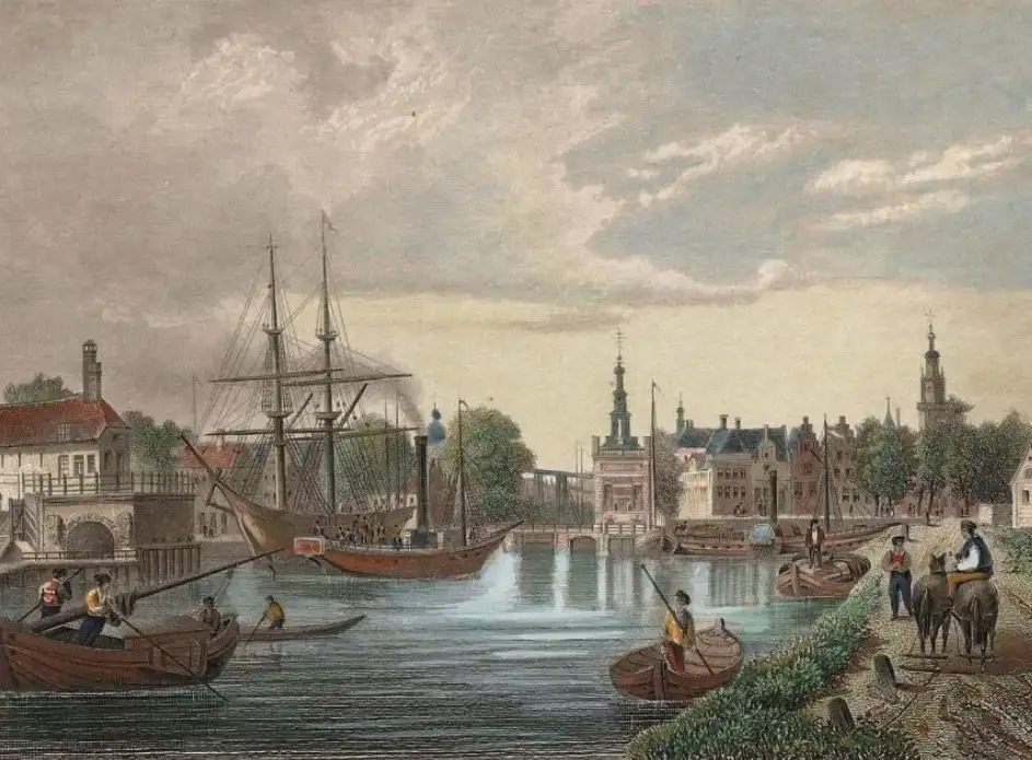 Historisch schilderij van het Noordhollandsch Kanaal bij Alkmaar met houten boten